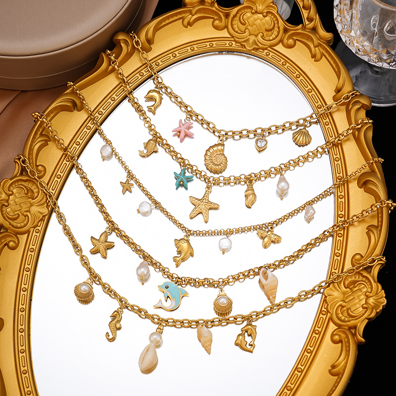 跨境不锈钢配饰海洋系列珍珠项链海星海龟吊坠项链女不掉色锁骨链