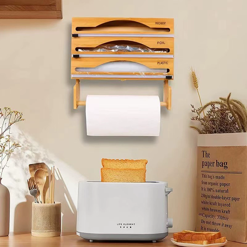 Деревянная настенная коробка для хранения Раздвижная коробка для хранения свежей сумки Коробка для хранения с рулонной держатель для бумаги Коробка для хранения свежей сумки для кухни