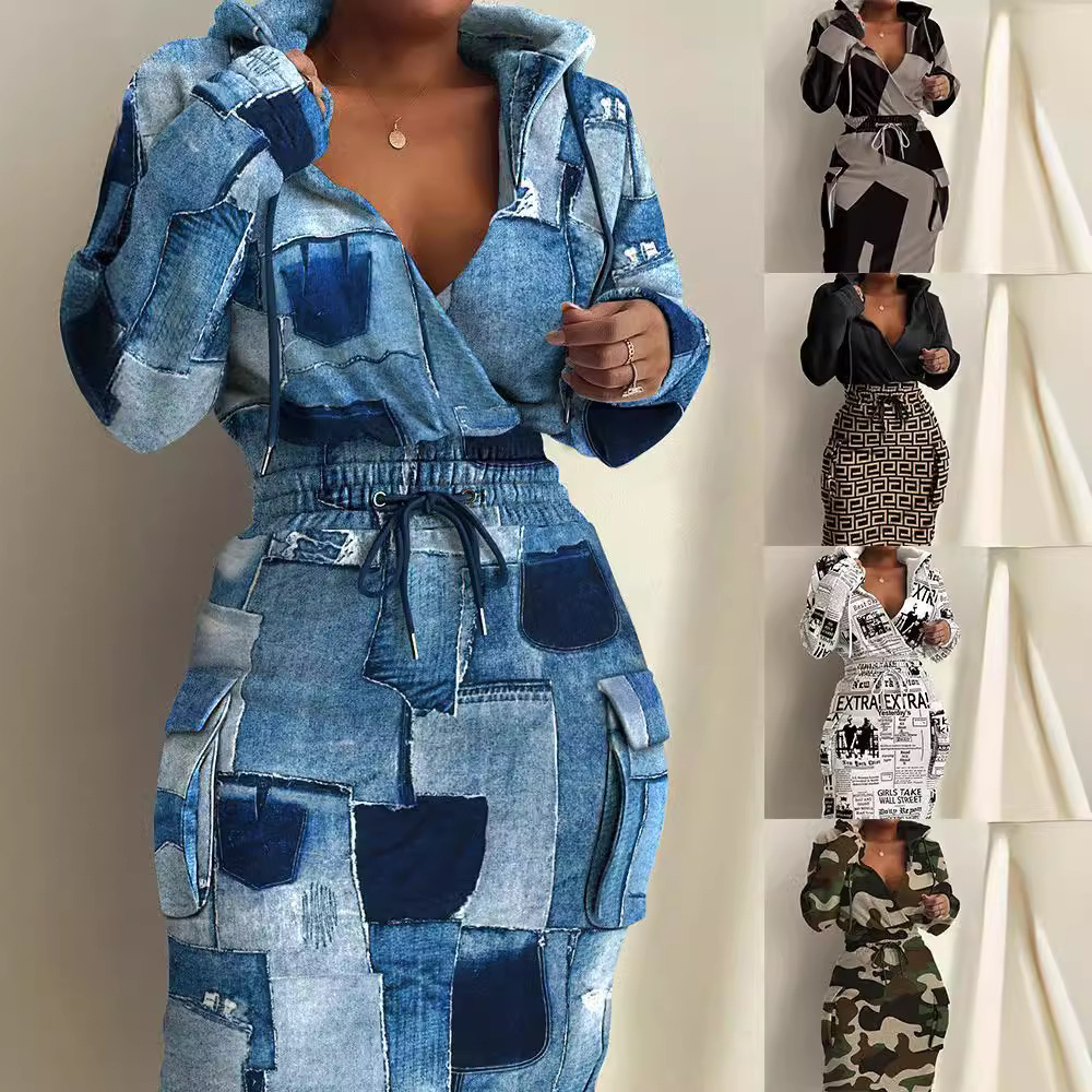 2023亚马逊跨境外贸独立站ebay欧美女装新印花束腰口袋连衣裙裙子