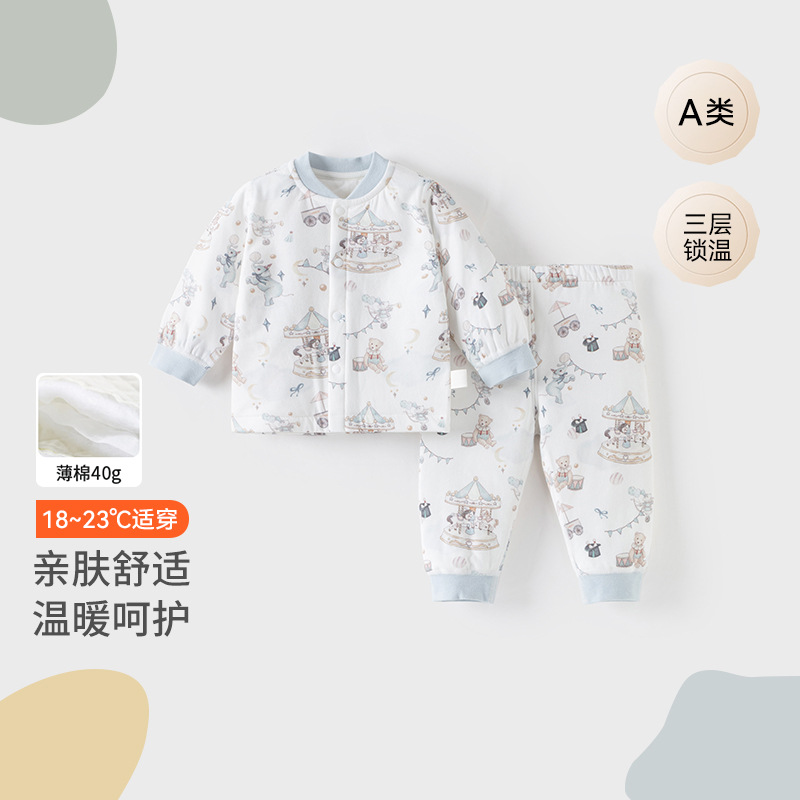 秋冬款宝宝加厚套装婴幼童男女宝宝夹棉前开两件套冬季宝宝家居服
