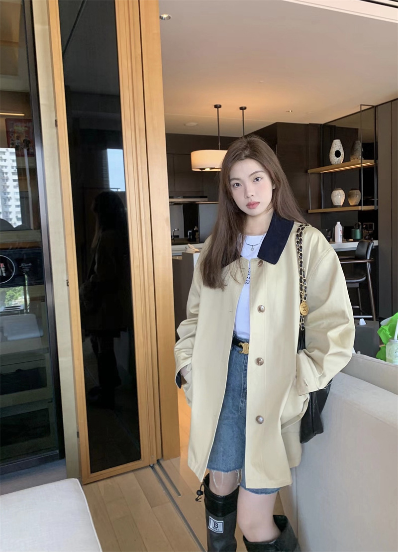 2022秋季新款韩版气质撞色翻领少女工装中长款宽松外套风衣女