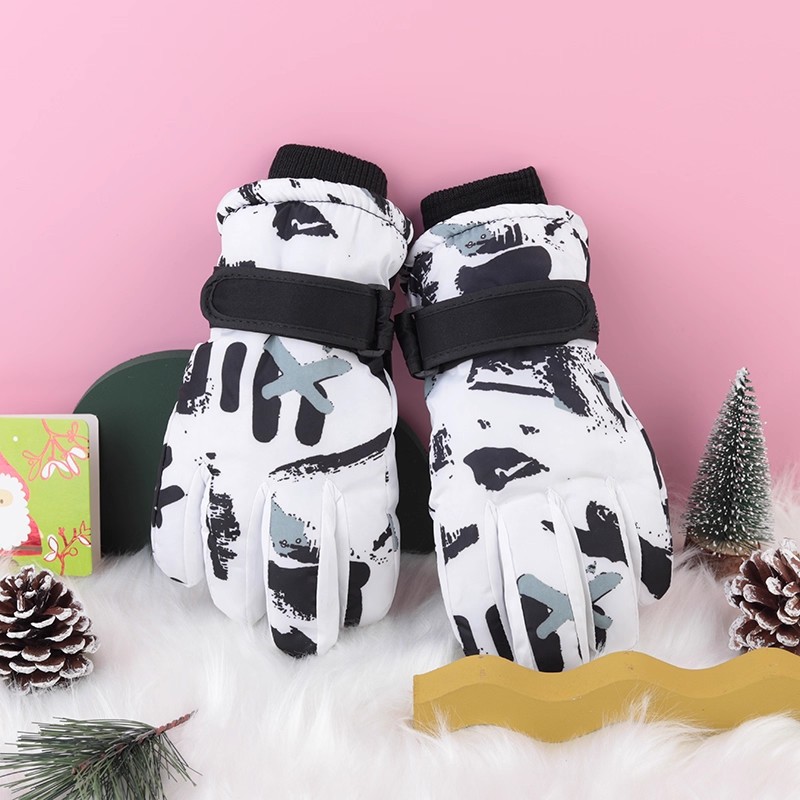Invierno hombres y mujeres a prueba de frío forrado de lana engrosada de algodón impermeable antideslizante cálido ciclismo al aire libre blanco graffiti guantes de esquí