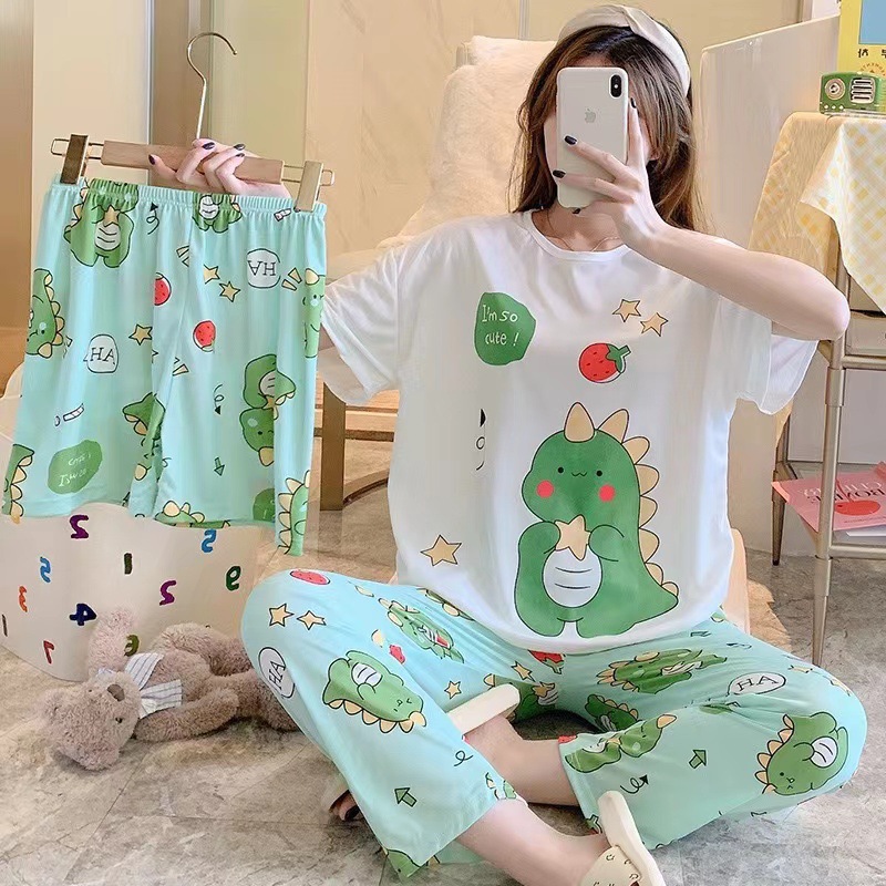 [conjunto de tres piezas] pijamas de mujer nuevo cuello redondo de verano manga corta ropa casera casual pantalones cortos sueltos set