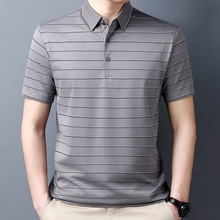 2025夏季新款男士桑蚕丝短袖t恤衫青中年冰丝POLO衫休闲条纹上衣