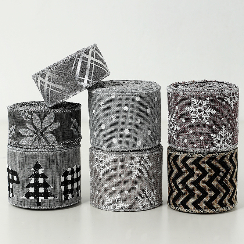 Navidad nueva imitación gris cáñamo cinta 3,8/6,3 cm copo de nieve Polka Dot decoración árbol de Navidad cinta arco