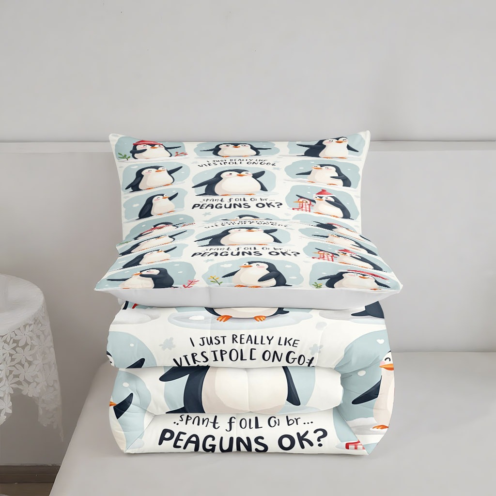 TEMU / JIT lindo pingüino impresión digital 3D 180gms suave y cómodo colcha colchón conjunto de almohada