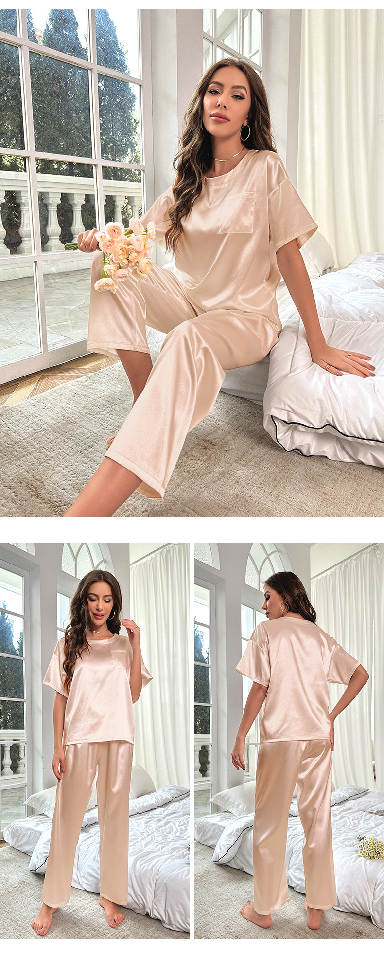 Pigiama in seta ghiacciata stile Yaoting per donna, estivo, manica corta, pantaloni lunghi, abbigliamento da casa, set casual ampio 3147_voghion.com