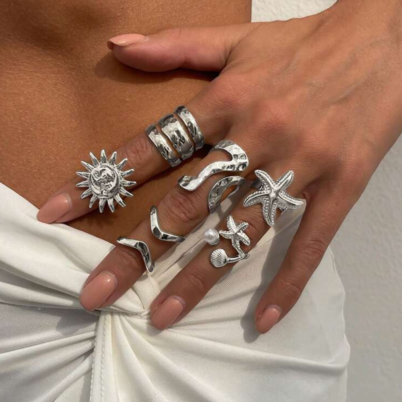 Starfish Adjustable Open Ring Set For Women Beach Jewelry_voghion.com