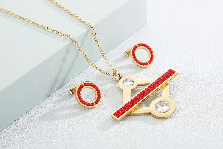 European and American Style Fashion Trend Titanium Steel Rhinestone Glass Geometric Necklace and Ear