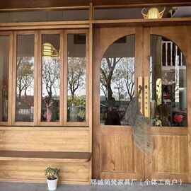 老榆木窗户实木网红上下折叠窗左右推拉窗门窗一体式木雕花型窗户
