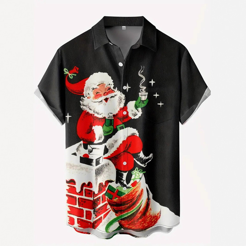 Santa Claus Pattern Printed Short-Sleeved Shirt, Summer Shirt, New Style Top, Loose-Fitting Matching Clothes for Couples Santa Claus Pattern Printed Short-Sleeved Shirt, Summer Shirt, New Style Top, Loose-Fitting Matching Clothes for Couples