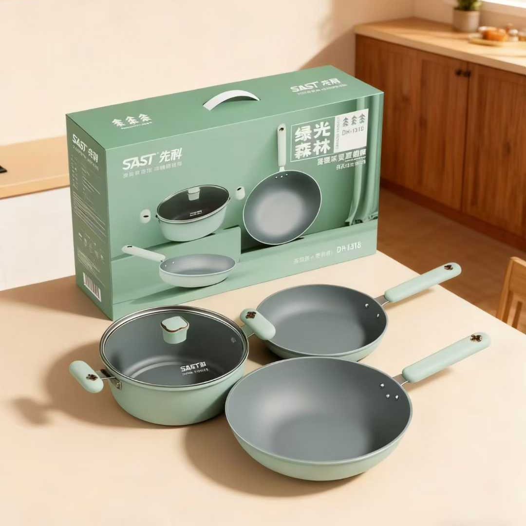 Green Light Forest Three-Piece Pot Set Dh-1318, Set of Three Pots, Universal Gas Stove Soup Pot and Frying Pan