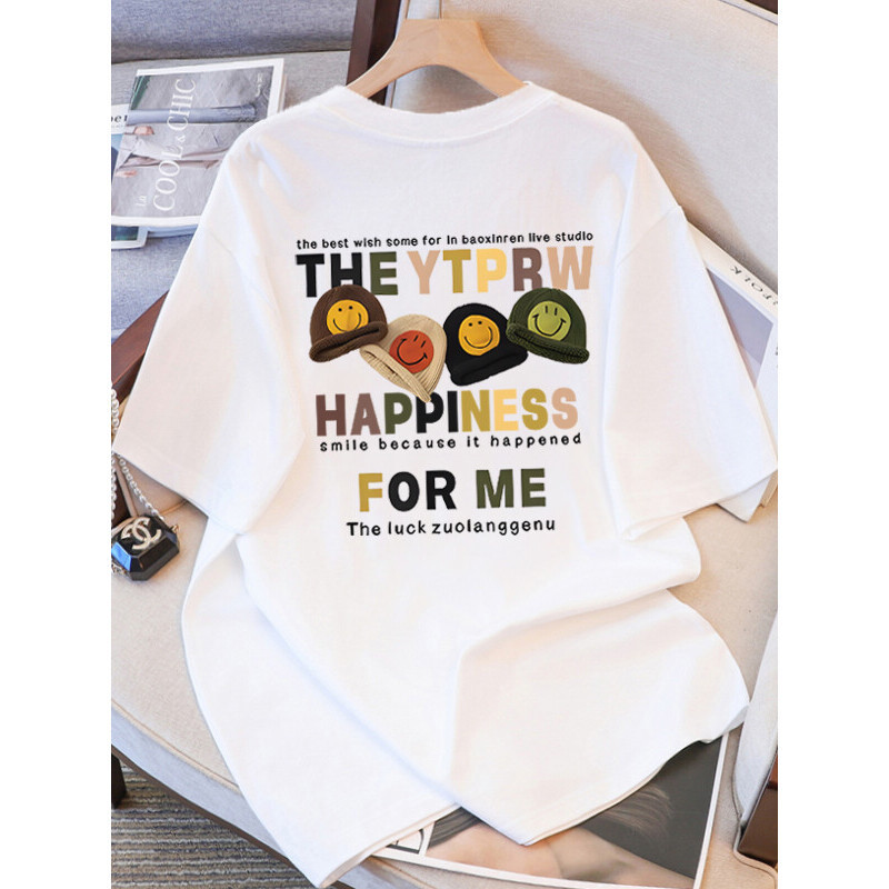 2025 New Summer Heavyweight Cartoon Hat Printed Short-Sleeved T-Shirt Women's Loose Cotton Preppy Style Casual Top