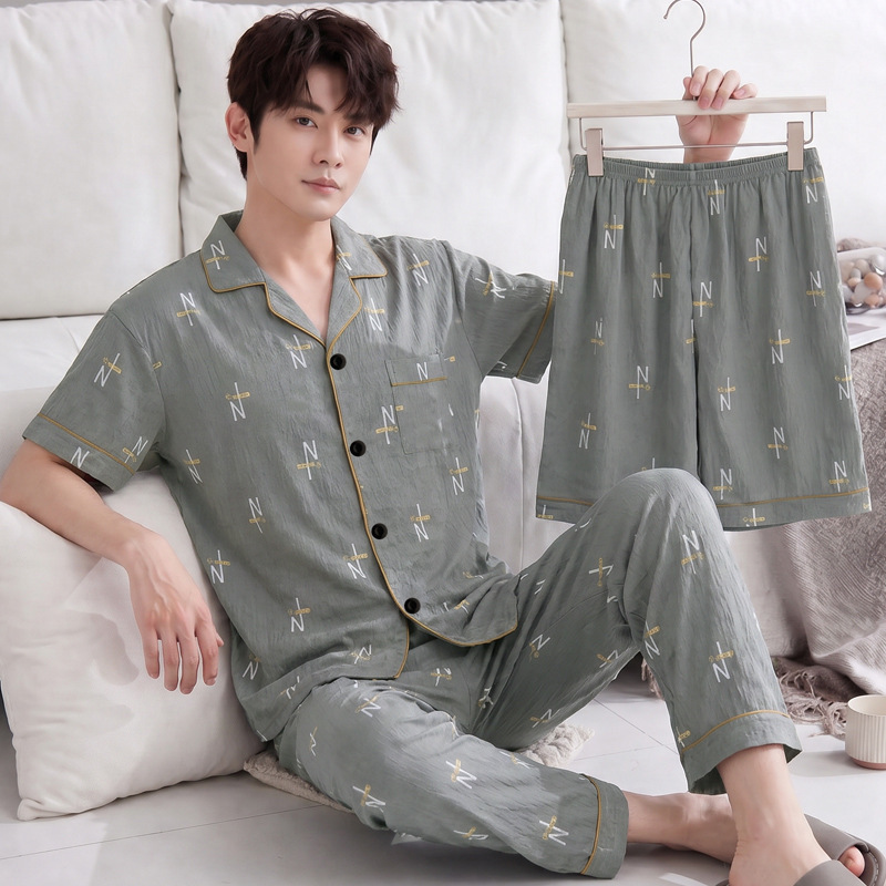 Simple Design Letter Cloud Cotton Men's Pajamas Summer New Short-Sleeved Cardigan Home Wear Three-Piece Set Wholesale