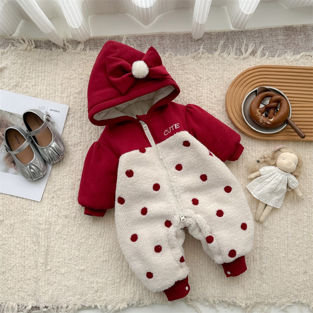 Ropa de invierno para bebés, pajarita de lunares, ropa de algodón gruesa, ropa de año nuevo lindo, ropa de mujer, mameluco para bebés, mameluco acolchado