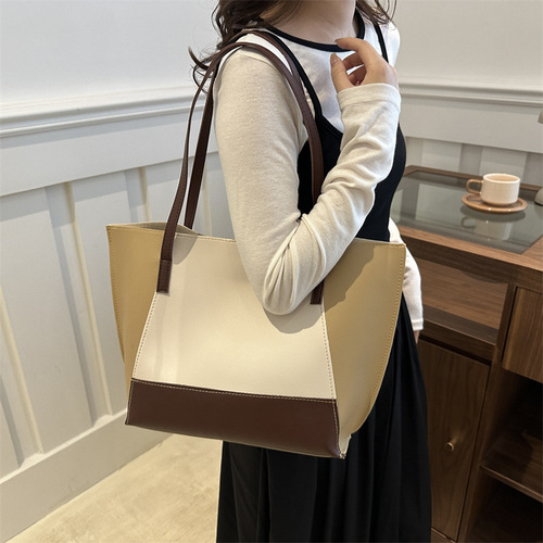 Simple large capacity fashionable tote bag new contrasting color minimalist style commuter shoulder bag temperament versatile underarm bag women