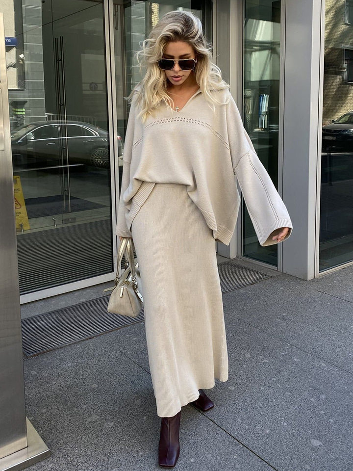 Bộ đôi áo len dệt kim cổ V tay dài phối chân váy, áo dài 50–65 cm — Màu camel, Màu trắng, Màu xám, Màu đen chi tiết 36