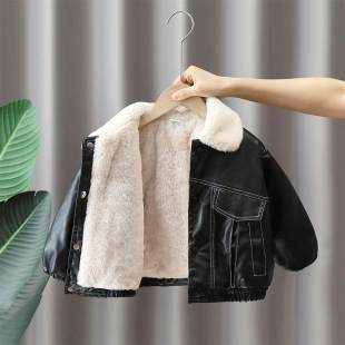 6673 Boys' Velvet Leather Jacket 2025 Autumn and Winter New Children's Thickened Jacket Children's Winter Leather Jacket Cotton Jacket