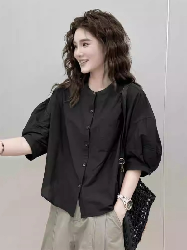法式黑色短袖衬衫女秋季2025新款爆款泡泡袖宽松显瘦上衣衬衣女款|undefined