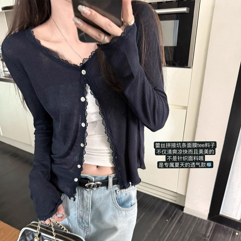 [Factory Ready Stock] Lace Splicing Lace Soft Waxy Mask Sunscreen Knitted Cardigan Light Jacket Top Women Summer
