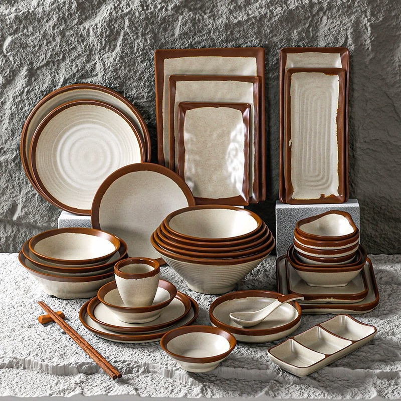 Antique Chinese-style porcelain-like melamine dining set for restaurants, hotels, hotpot restaurants, commercial use, complete set of 4 pieces