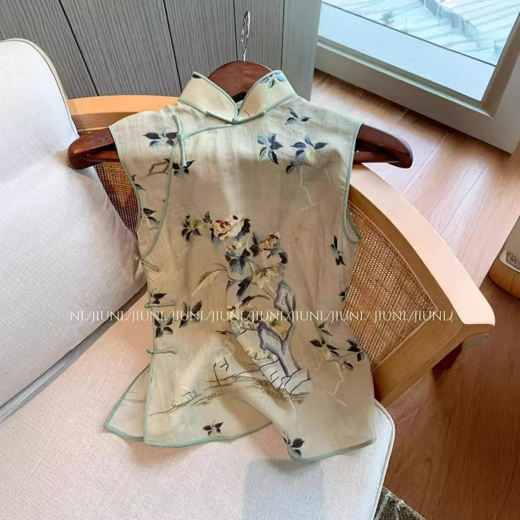 New Chinese Fashion Printed Buckle Vest Women's 2024 Summer Vintage Republic of China Style Sleeveless Waistcoat