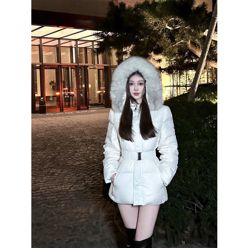 2026 Winter New Style Waist-Cinching Slimming Hooded White down Jacket for Women, Warm White Duck down Coat with Fur Collar