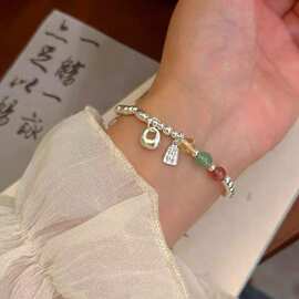 999足银实心小银坨胖福手链女款黄水晶手串新中式转运珠送女友礼