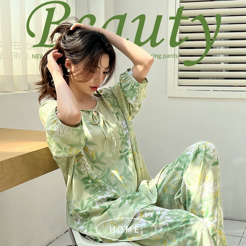 Летние женские пижамы, популярные рукава три четверти, брюки девять четвертей, тонкая повседневная домашняя одежда из хлопкового шелка, костюмы из искусственного хлопка.