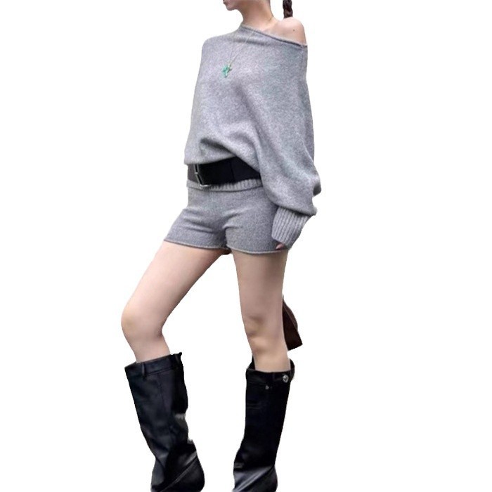 欧米風クロスボーダー秋新作婦人服純色ゆったり長袖上着ファッションハイウエスト半ズボンニットスーツ女性|undefined