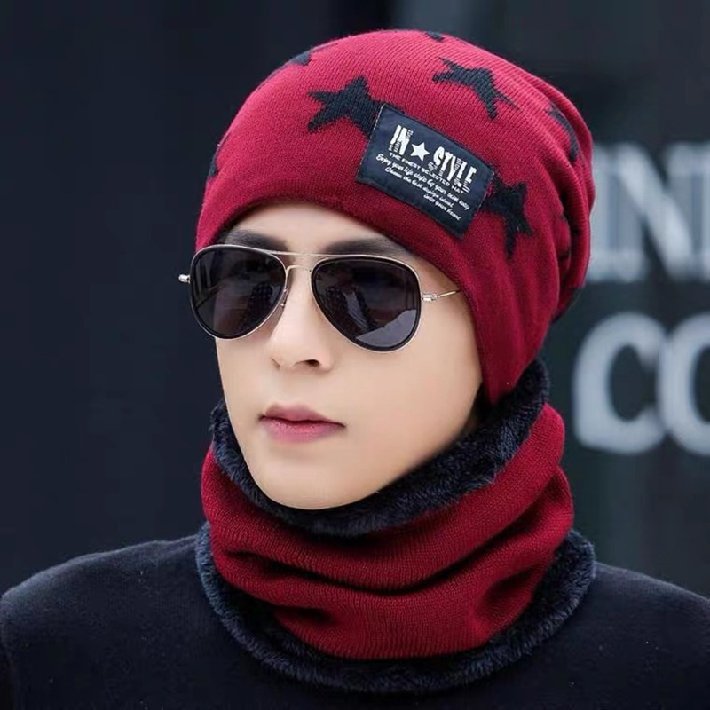 Headwear set for men/women, autumn/winter outdoor cycling, warm, fleece-lined, fashionable, two-piece hat with ear cover and scarf