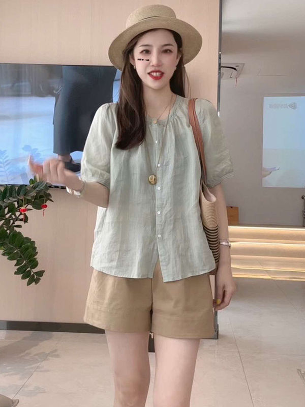 韓国風デザインの女性用半袖シャツ、夏の新しいゆったりとした痩身トップス、肉感をカバーする、シックで美しいラミーシャツ|undefined