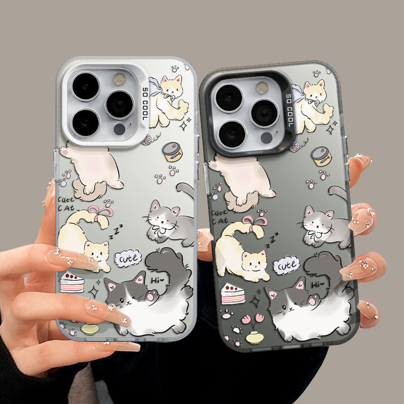 适用苹果16简约iPhone14彩银手机壳13华为nova五只猫咪mate60防摔