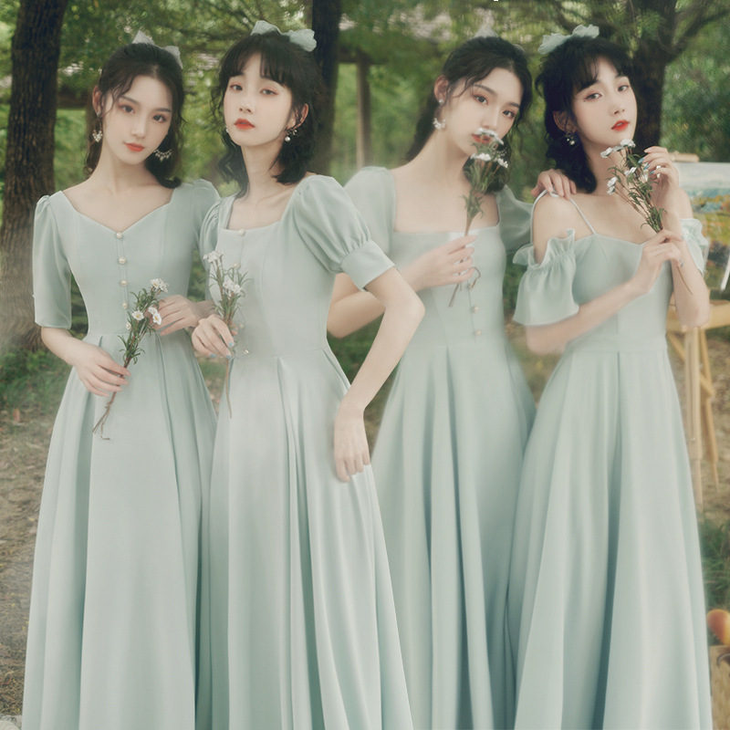 Wedding bridesmaid dress Mori green slimming meat covering plus size dress women's long fairy temperament daily wearable dress