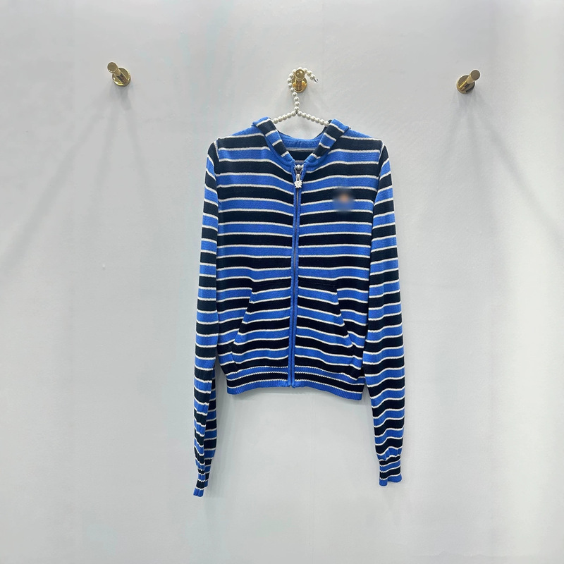 Nanyou high-end version M-brand striped knit cardigan for women, long-sleeve zip-up jacket, loose casual top