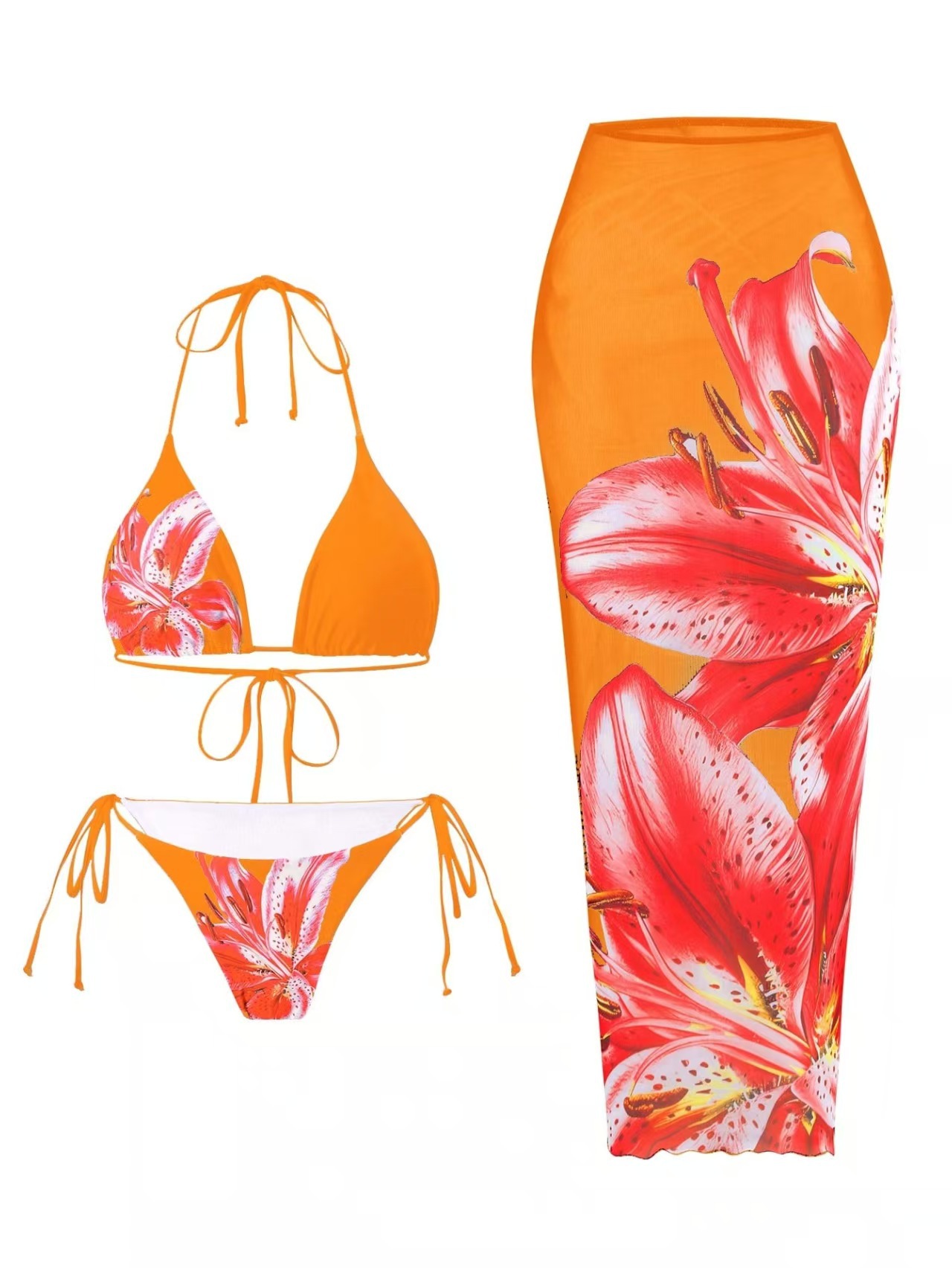 Women's Lily Print Three Piece Bikini Set With Wrap Skirt_voghion.com