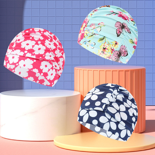 Swimming Cap for Women, Fashionful Floral Print Pleated Adult Comfortable Non-Squeezing Long Hair Solid Color Large Size Fabric Swim Cap Wholesale