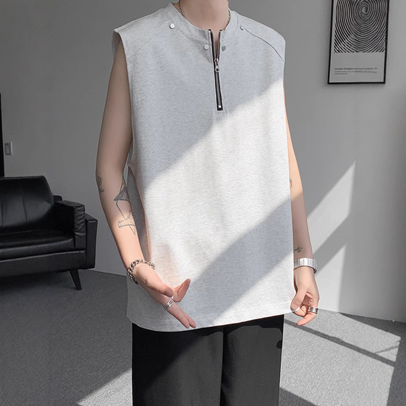 Half-Zip Rivet Sleeveless T-Shirt Men's Summer Trendy American High Street Clothing Loose Heavyweight Sports Vest