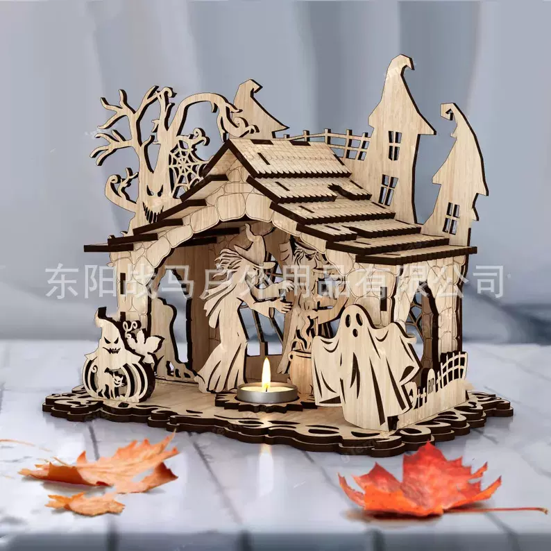跨境新品万圣节diy女巫幽灵房子烛台木质工艺品桌面创意装饰摆件