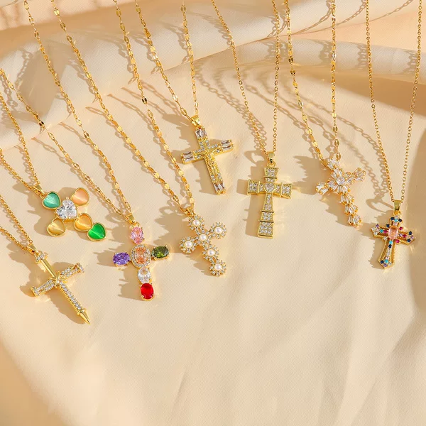 Cross Cross Cross-border E-commerce Hot Sale European and American Fashion Light Luxury Colorful Zircon Pendant Titanium Steel Necklace Women's Clavicle Chain