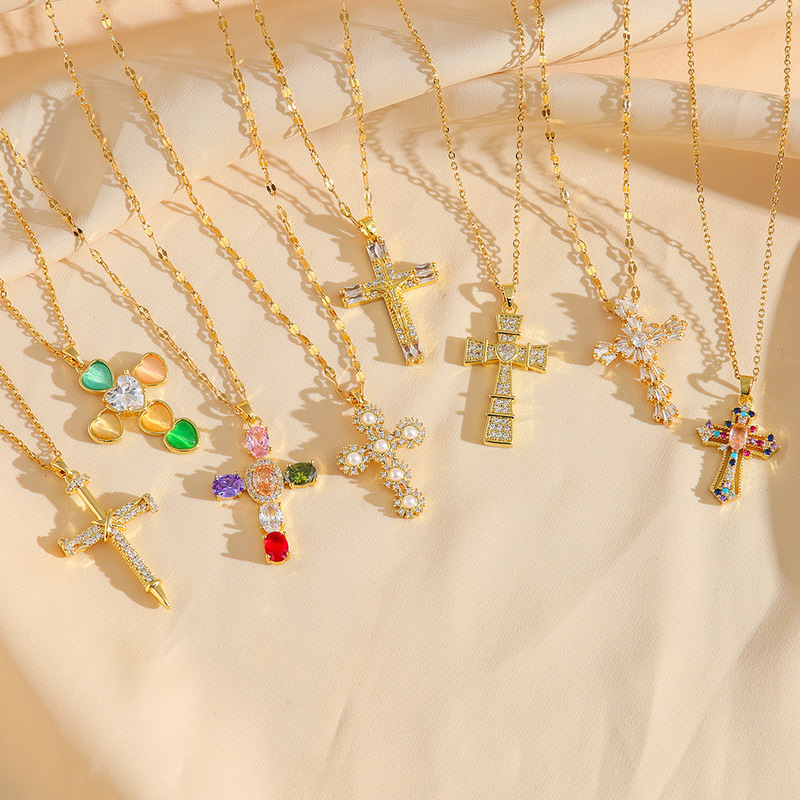 Cross Cross Cross-border E-commerce Hot Sale European and American Fashion Light Luxury Colorful Zircon Pendant Titanium Steel Necklace Women's Clavicle Chain