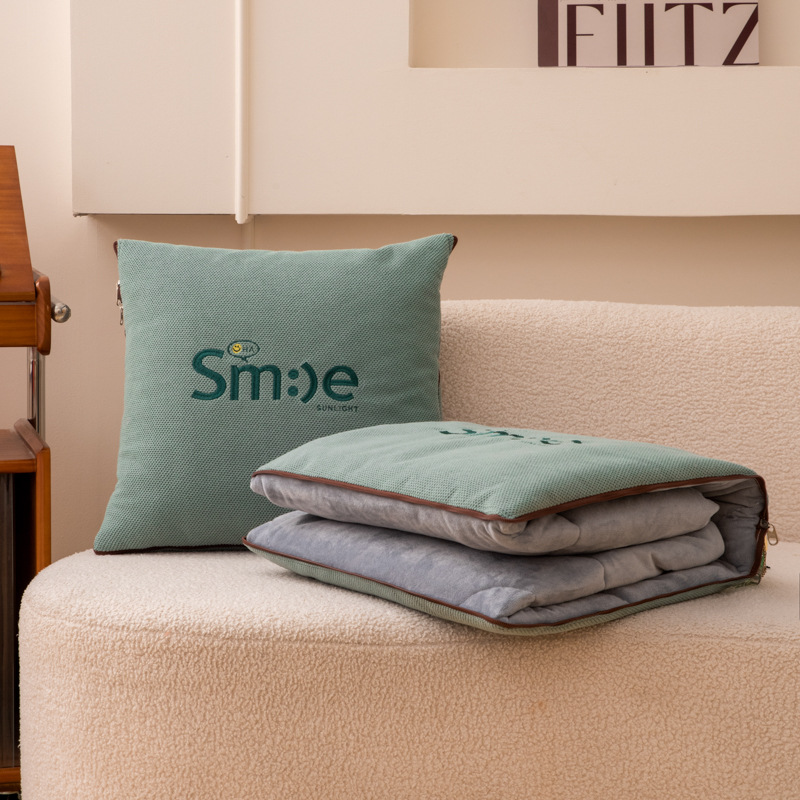 New Smile Embroidered Pillow Quilt Chenille Crystal Velvet Nap Blanket Multi-functional Sofa Cushion Quilt Two-in-one