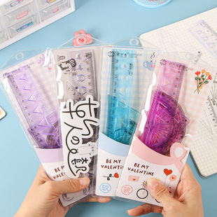 Student Card Soft Set Ruler Transparent High Color Value Ruler Triangular Plate Protractor for Topic Drawing and Learning Stationery