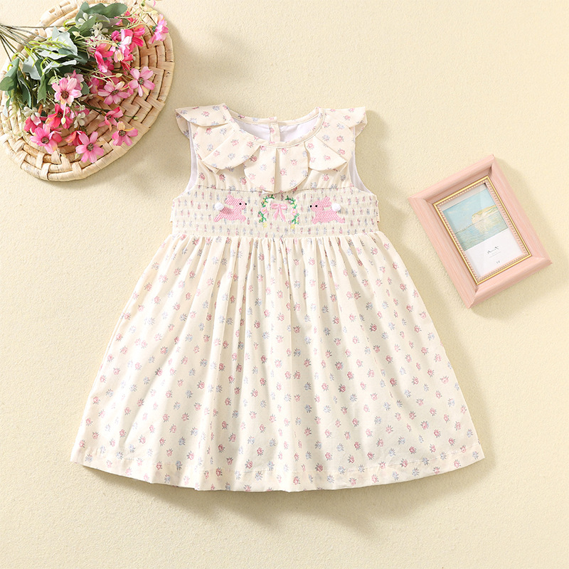 Summer Girls' Skirt Korean Style Sleeveless Printed Skirt Petal Collar Children's Skirt Cute Cartoon Bunny Princess Skirt