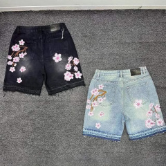 クロスボーダー桜刺繍デニムショーツ男性と女性のための原宿ヒップホップレトロルーズストレートストリートトレンドパーソナライズされたショーツ