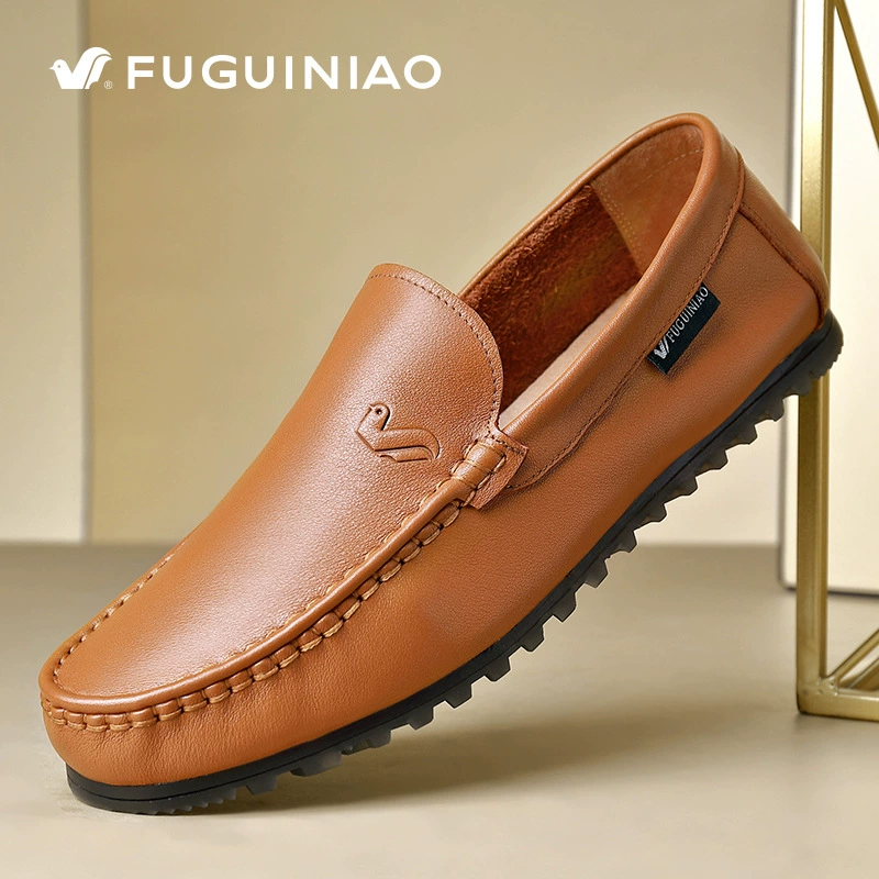 Rich Bird Low Four Seasons Black White yellow spot Single -layer leather bean shoes Male round head flat heel leather single shoes