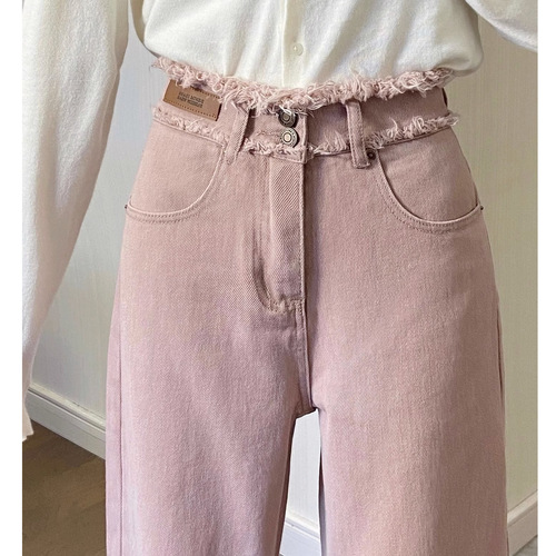 Dirty pink frayed design straight-leg women's autumn loose slim-fitting versatile high-waist wide-leg pants trendy