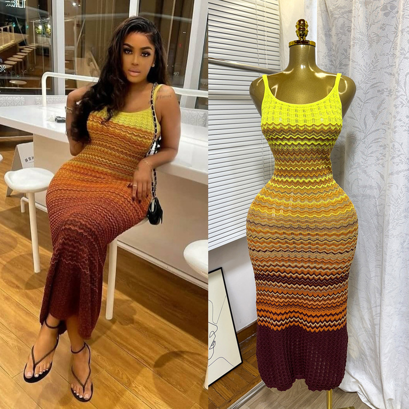 Sling Knitted dress Women's 2025 Summer South Korea Chic Retro Gradient Wavy Pattern Slim-fit Hip Dress Sling Knitted dress Women's 2025 Summer South Korea Chic Retro Gradient Wavy Pattern Slim-fit Hip Dress