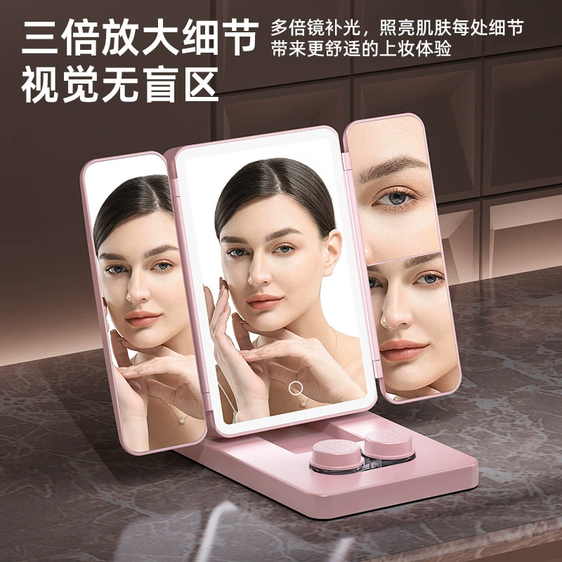 Folding LED Makeup Mirror, 3-Panel USB Rechargeable, 3-Color Dimmable with Storage Tray