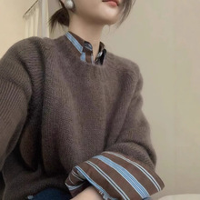 100%纯羊毛衫女加厚美拉德色圆领毛衣女针织套头慵懒风软糯羊绒衣